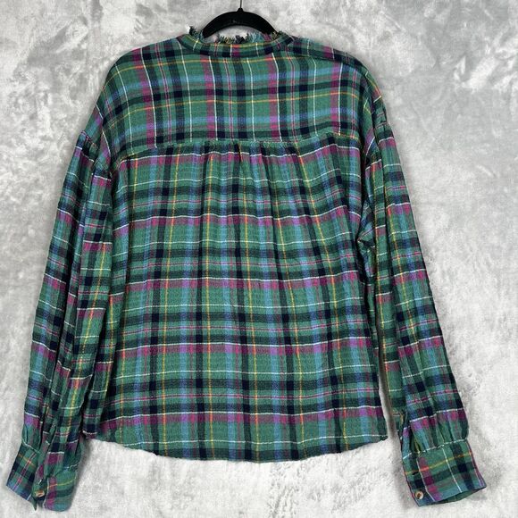 Anthropologie Pilcro Plaid Blouse Cropped Puff-Sleeve Soft Crinkle Green   Large - Picture 2 of 8